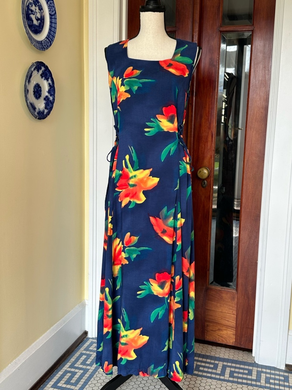 Vintage 90s Lindsey Scott Bold Floral Maxi Dress, Navy & Tropical Orange, Sz. 14